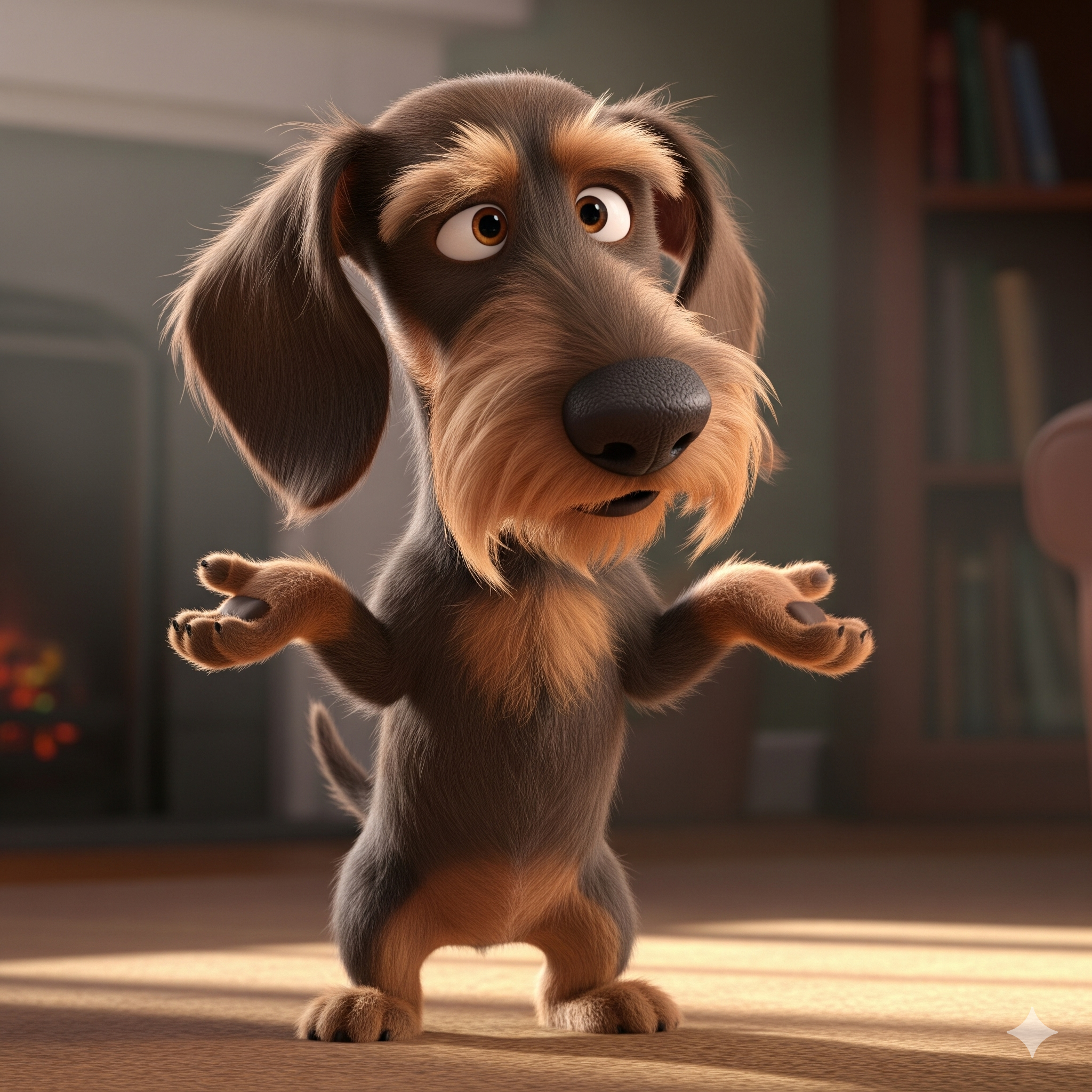 Achselzuckender Rauhhaardackel im Pixar‑Stil, der mit den Schultern zuckt